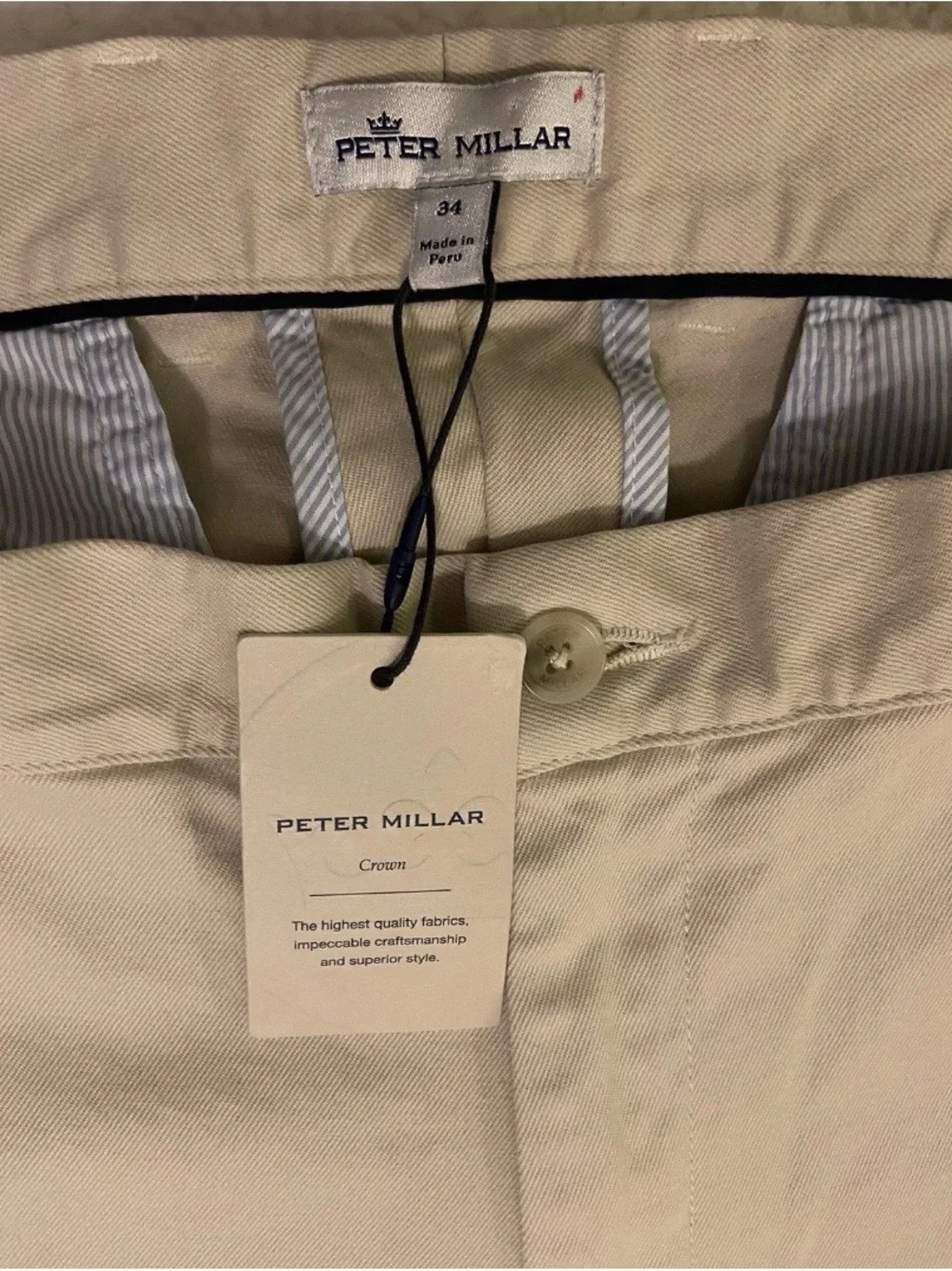 Peter Millar Men's Dress Pants 34x35 Khaki Golf Chino Flat-Front NWT New $175